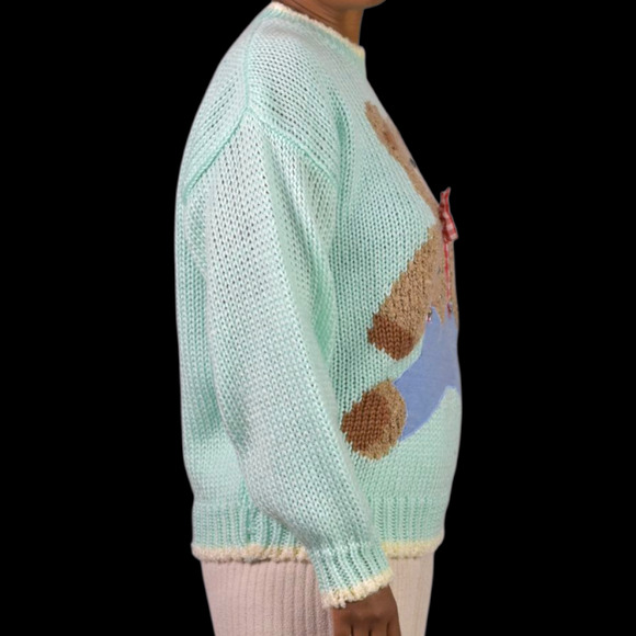 Vintage Far Near Teddy Bear 3D Sweater Green Pastel Textured Camp Novelty Large - Picture 15 of 16